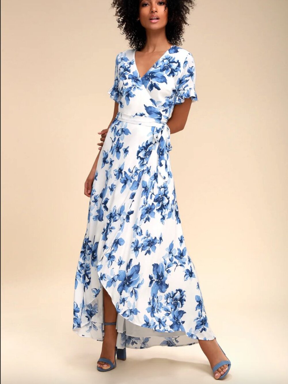 Lulus Blue Floral High Low Wrap Maxi Dress - M
